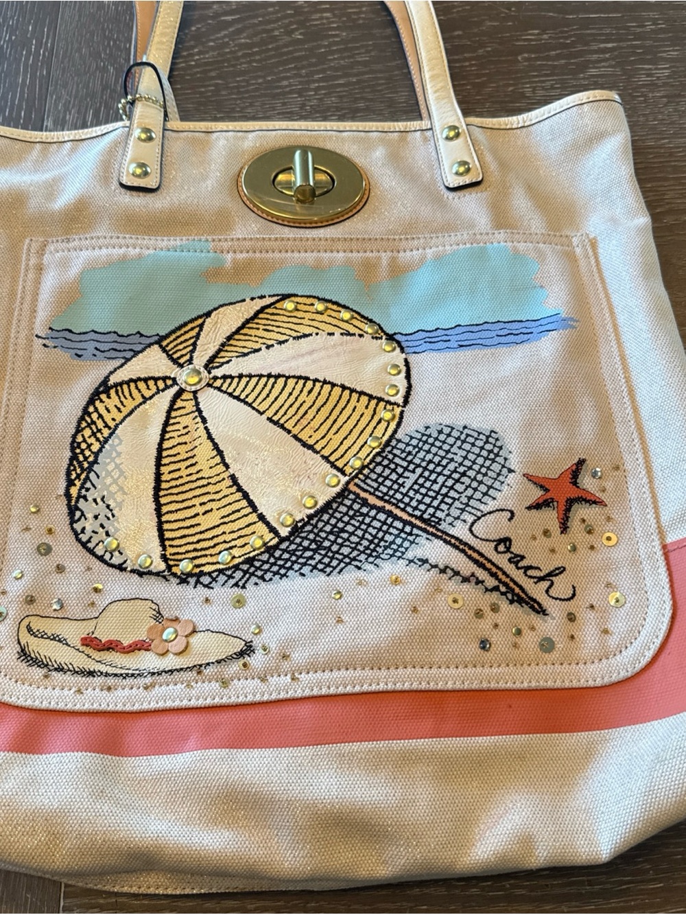 Coach Canvas Tote in Cream, Coral and Yellow with Embroidered Umbrella